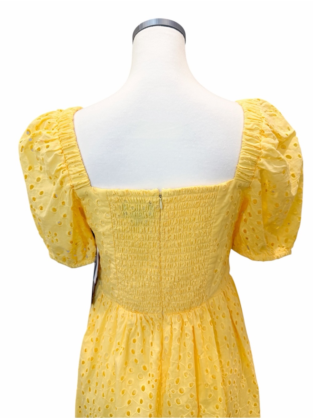 CeCe Eyelet Cotton Midi Dress Square Neck Smocked Puff Sleeve Yellow Small NWT - Picture 8 of 15
